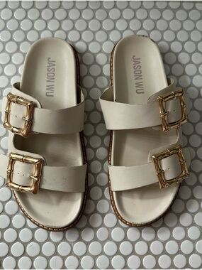 Jason Wu Cream Leather Double-Buckle Slides with Gold Buckles